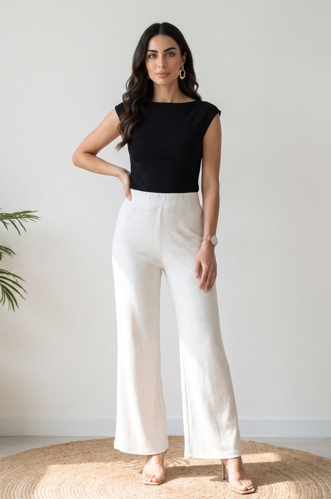 Light Grey Solid High Rise Wide Leg Palazzo Pants with Pockets (Cotton Lycra)