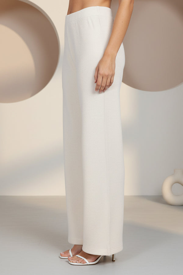 Elleven Women's Off White Solid Acrylic Wide Leg High Rise Palazzo