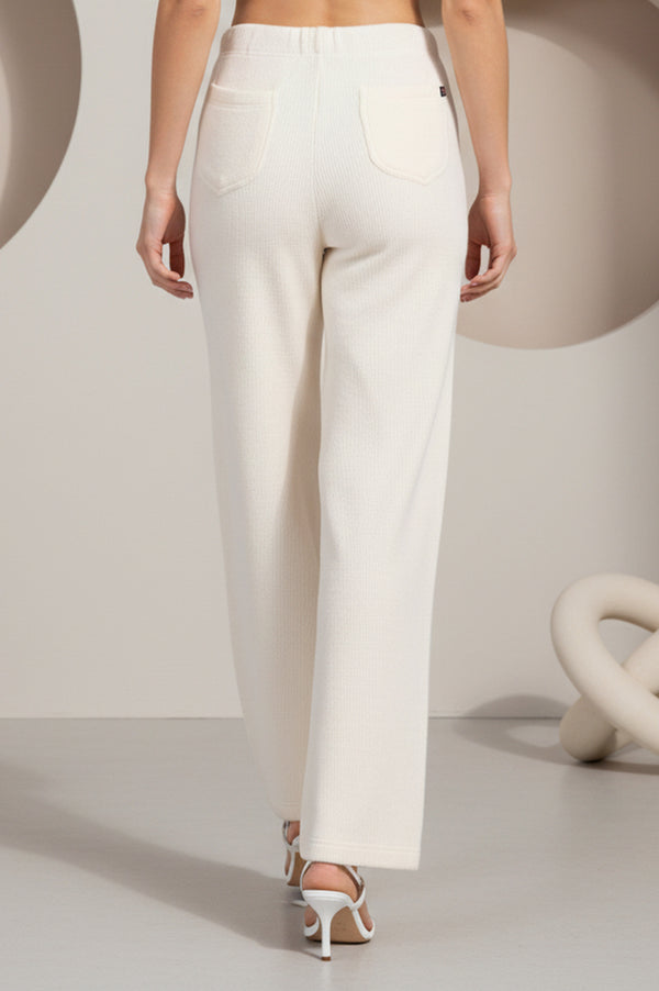 Elleven Women's Off White Solid Acrylic Wide Leg High Rise Palazzo