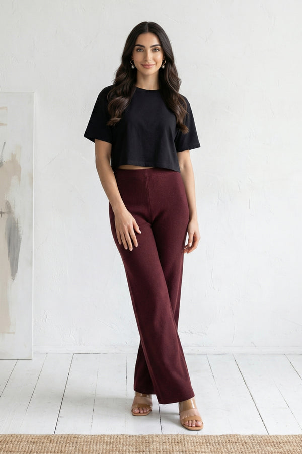 Maroon Solid Acrylic Blend Straight Fit Ankle Length Palazzo