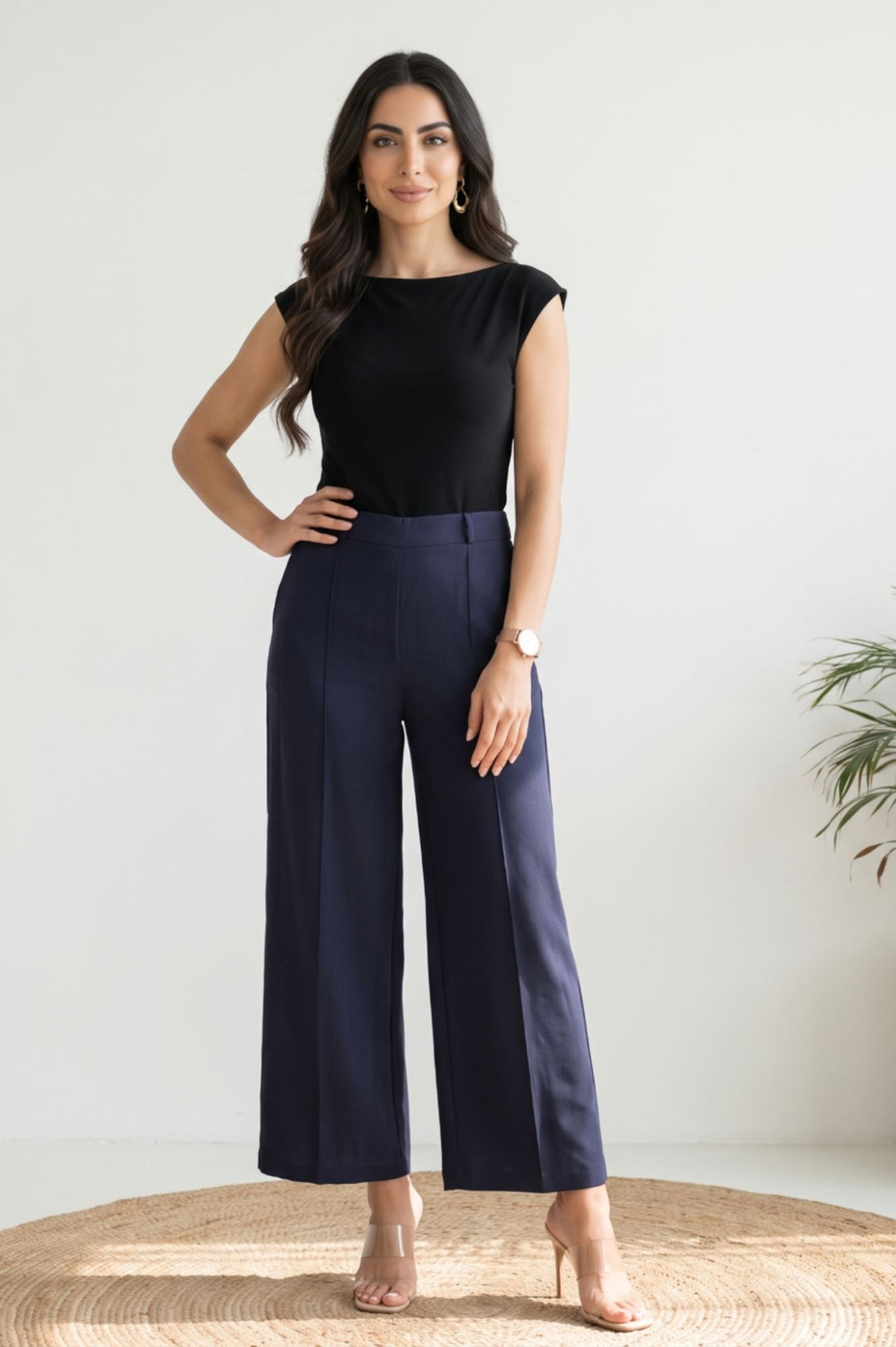 Navy Blue Solid High Rise Wide-Leg Ankle Length Pants