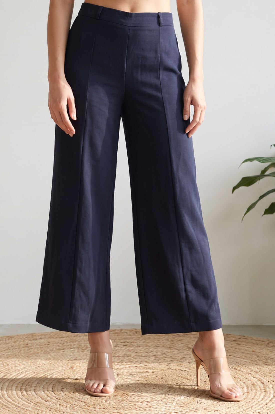 Navy Blue Solid High Rise Wide-Leg Ankle Length Pants