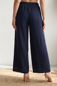 Navy Blue Solid High Rise Wide-Leg Ankle Length Pants