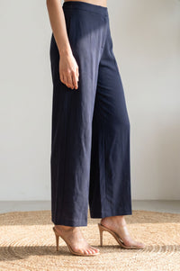 Navy Blue Solid High Rise Wide-Leg Ankle Length Pants