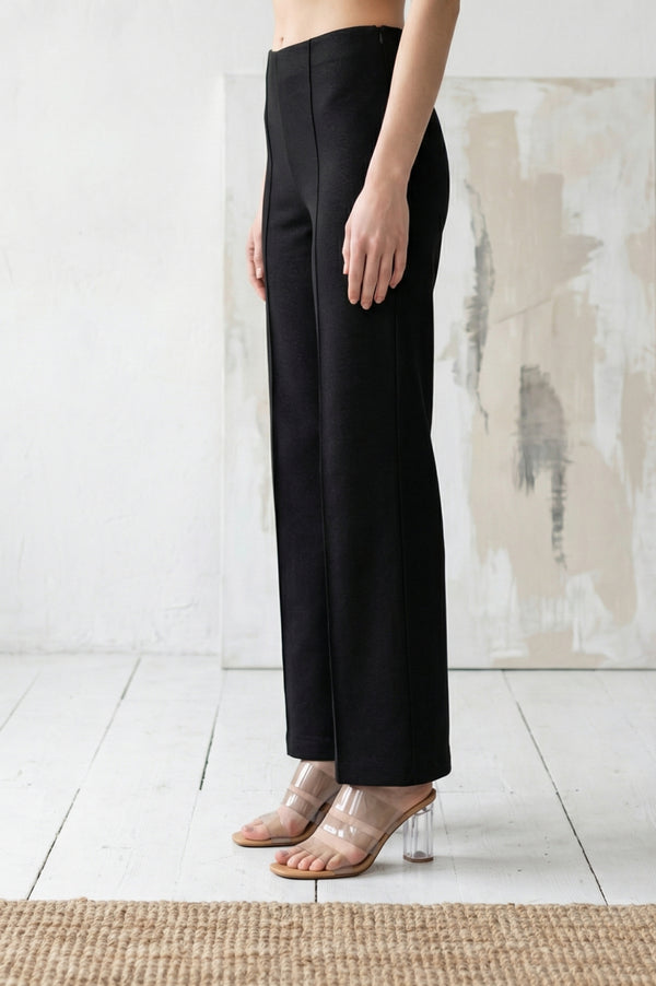 Black Solid Pintucks Wide Leg Trousers