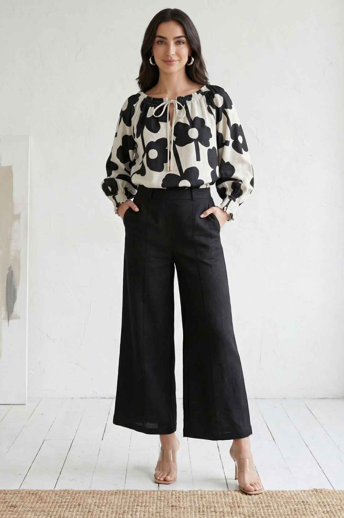 Black Solid Pintucks Wide Leg Trousers