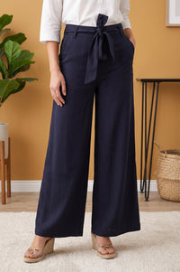 Navy Blue Yarn Dyed Satin Relaxed Fit Flared Trousers