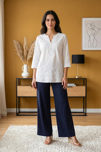 Navy Blue Yarn Dyed Satin Relaxed Fit Flared Trousers