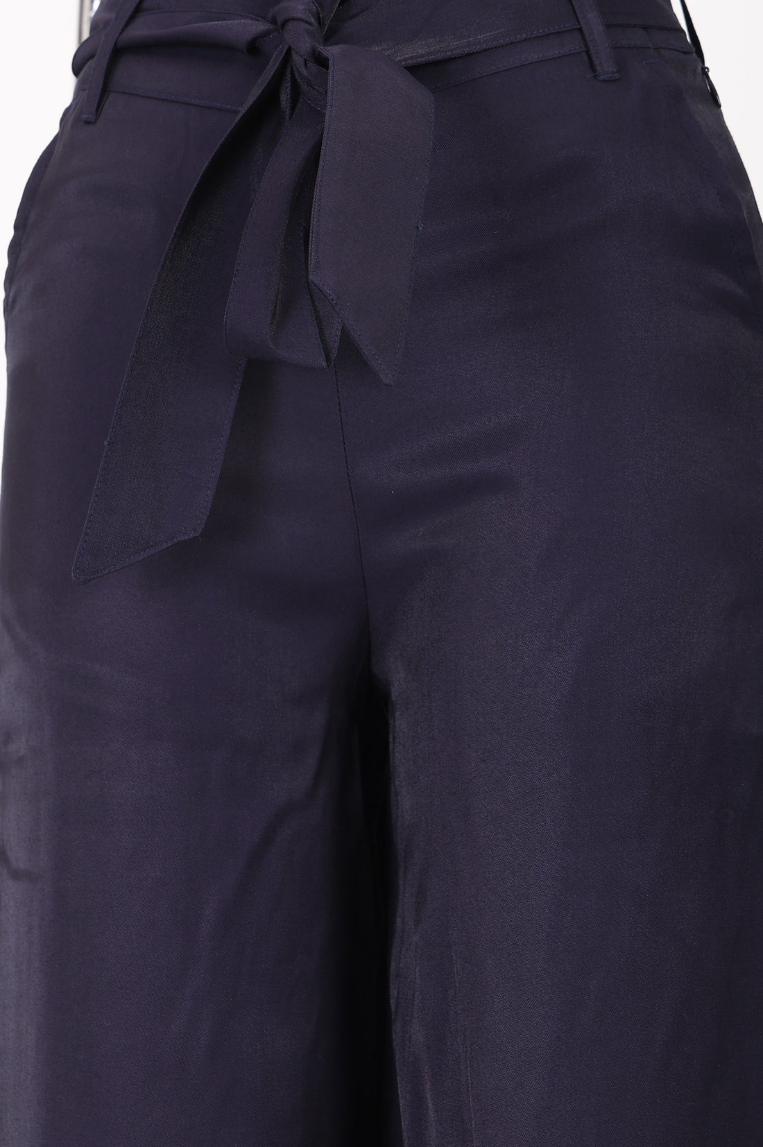 Navy Blue Yarn Dyed Satin Relaxed Fit Flared Trousers