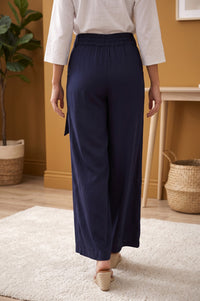 Navy Blue Yarn Dyed Satin Relaxed Fit Flared Trousers