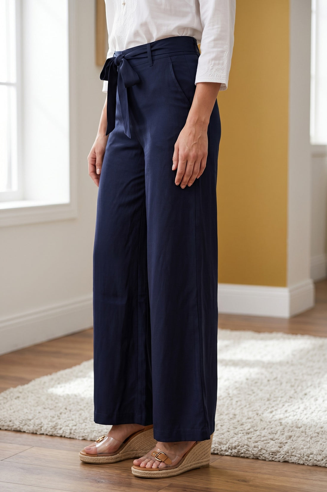 Navy Blue Yarn Dyed Satin Relaxed Fit Flared Trousers