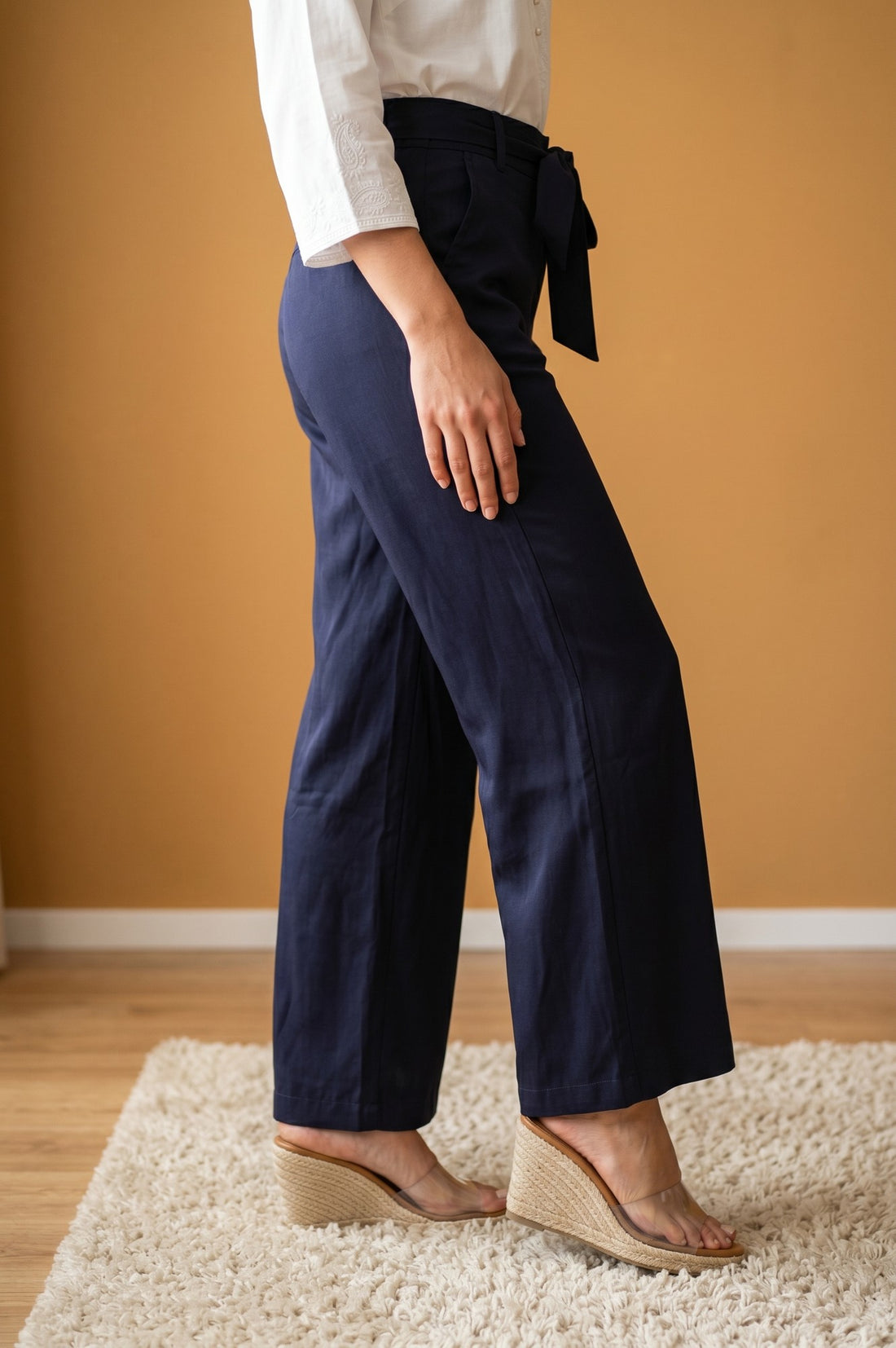Navy Blue Yarn Dyed Satin Relaxed Fit Flared Trousers