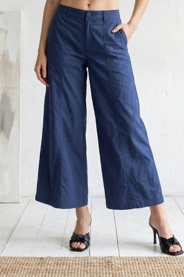 Navy Blue Solid Pure Cotton Wide Leg Trousers