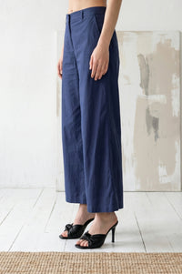 Navy Blue Solid Pure Cotton Wide Leg Trousers