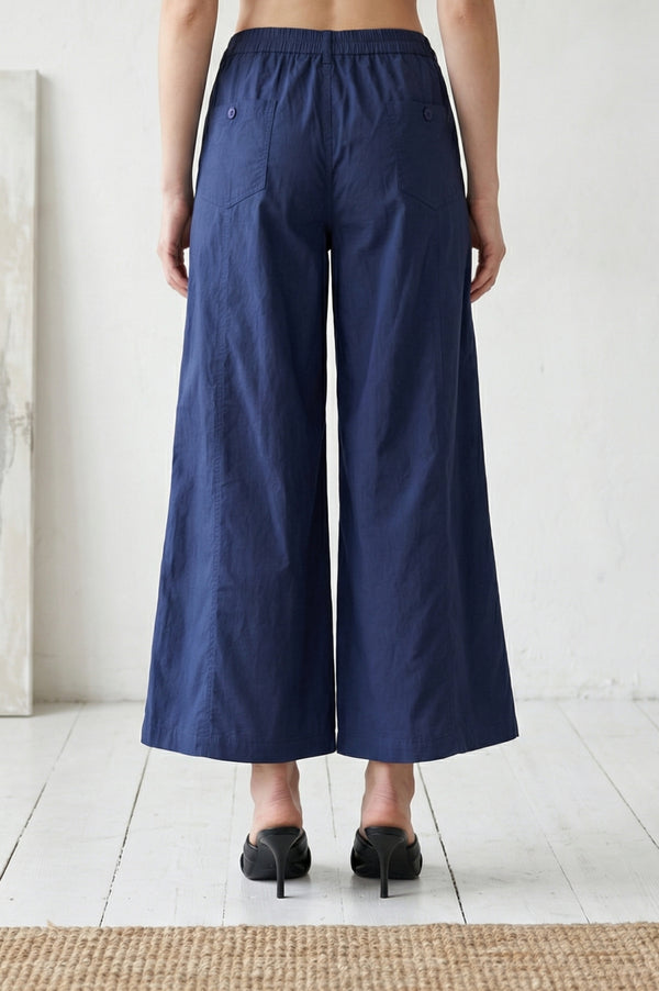 Navy Blue Solid Pure Cotton Wide Leg Trousers