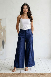 Navy Blue Solid Pure Cotton Wide Leg Trousers