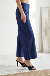 Navy Blue Solid Pure Cotton Wide Leg Trousers