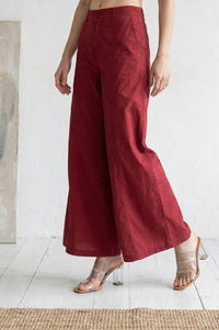 Maroon Blue Solid Pure Cotton Wide Leg Trousers
