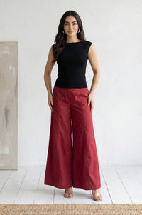Maroon Blue Solid Pure Cotton Wide Leg Trousers