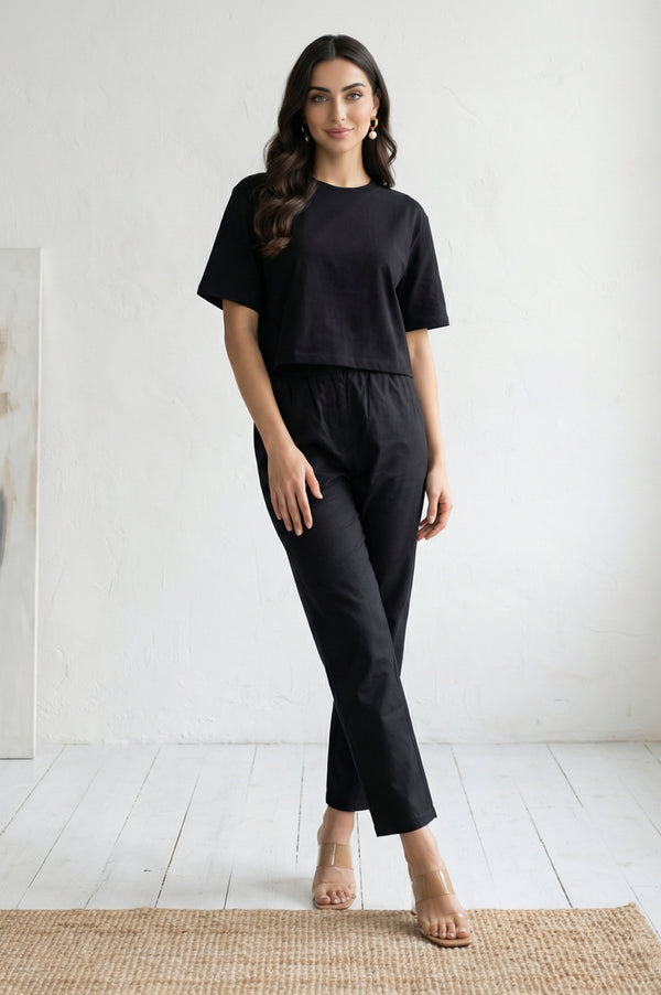 Black Solid Pure Cotton Straight Fit Pants