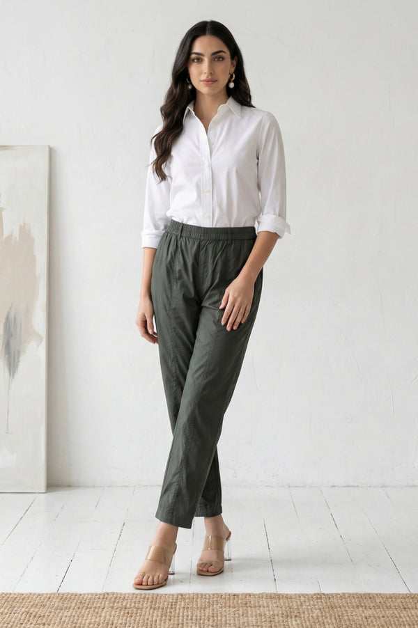 Olive Green Solid Pure Cotton Straight Fit Pants