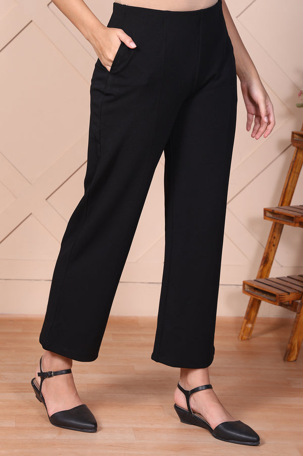 Elleven Women's Black Solid Wide-Leg Trouser