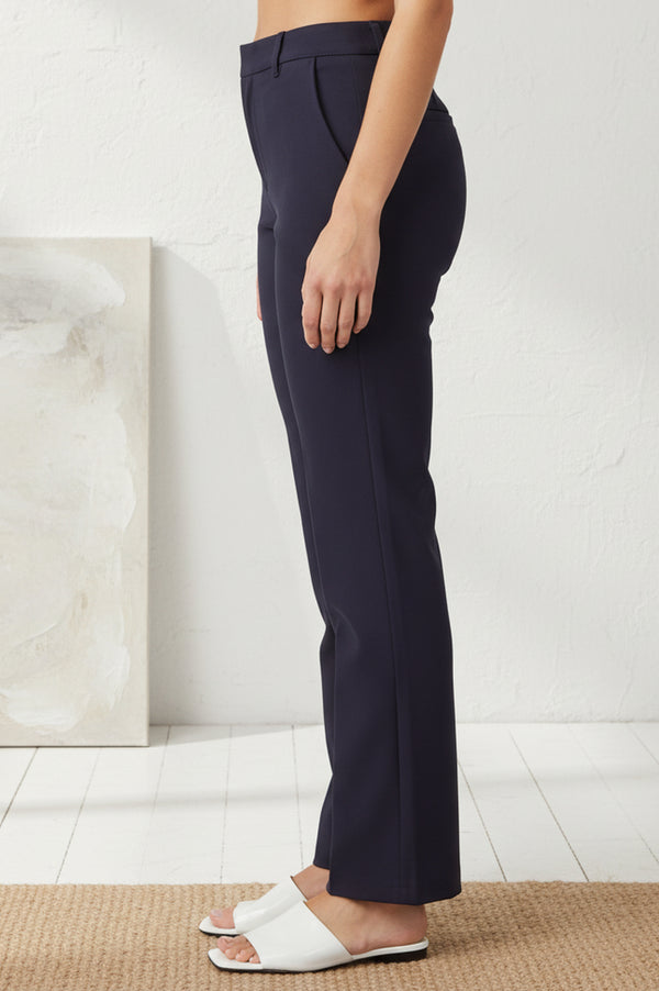 Elleven Women's Navy Blue Solid Buttons Rayon Slim Fit Flared Boss Pants