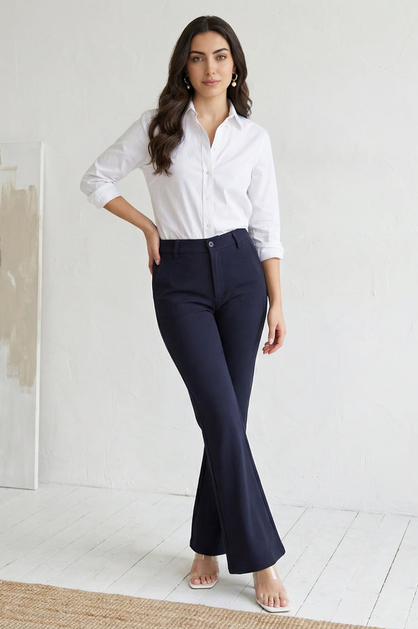 Elleven Women's Navy Blue Solid Buttons Rayon Slim Fit Flared Boss Pants