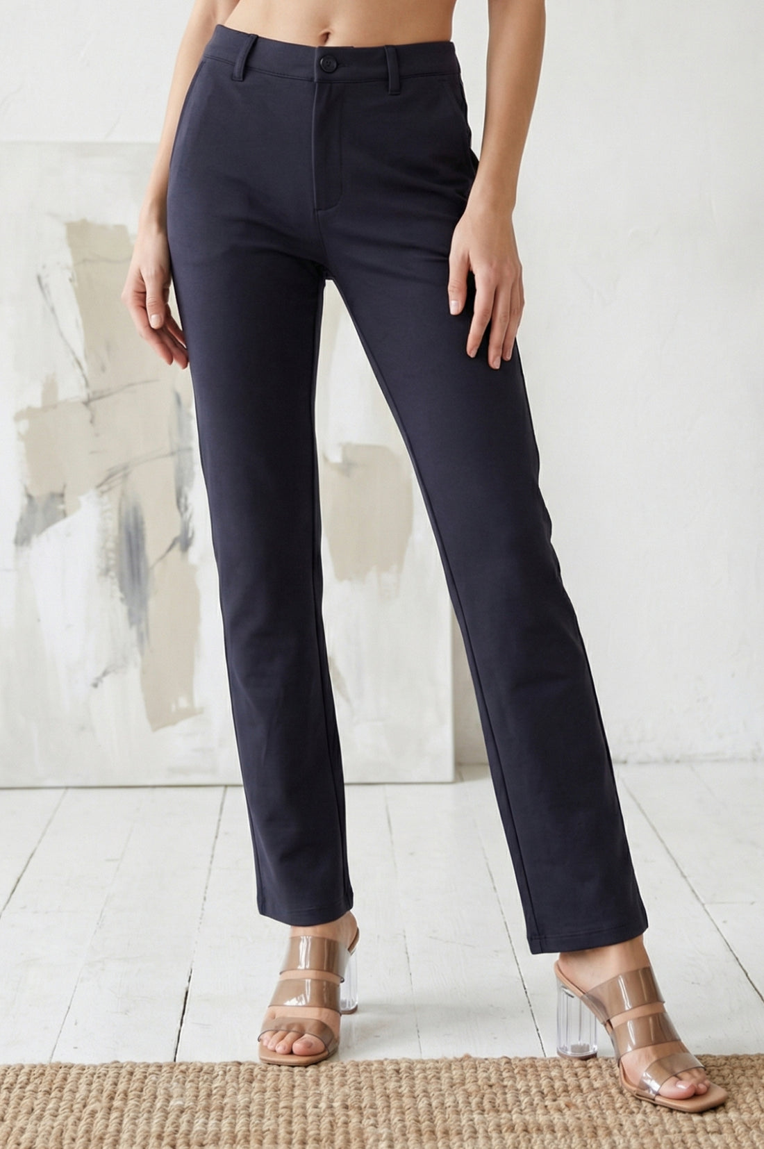 Navy Blue Solid Straight Fit Ankle Length Pants