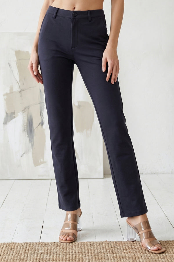 Navy Blue Solid Straight Fit Ankle Length Pants