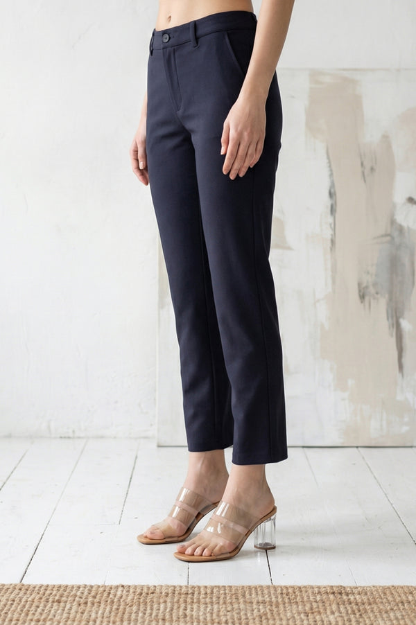 Navy Blue Solid Straight Fit Ankle Length Pants