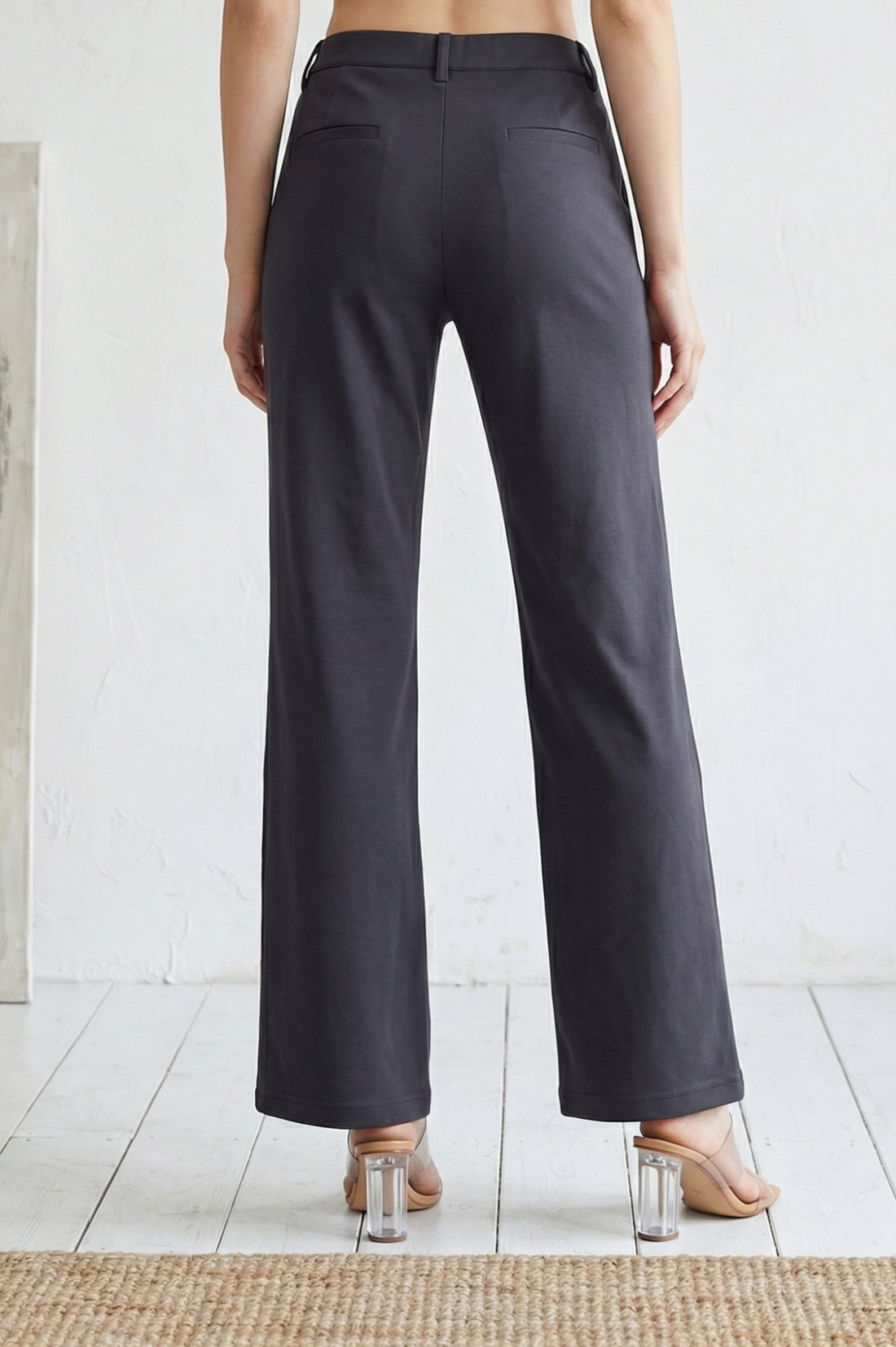 Navy Blue Solid Straight Fit Ankle Length Pants