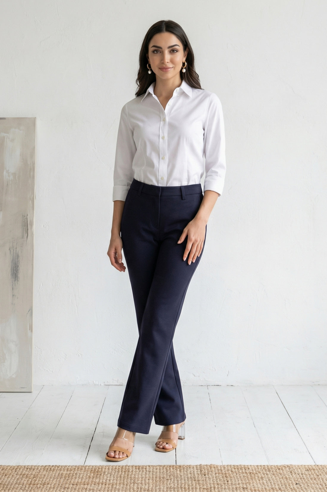 Navy Blue Solid Straight Fit Ankle Length Pants
