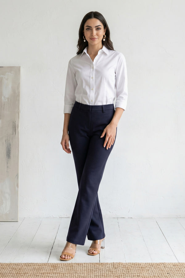 Navy Blue Solid Straight Fit Ankle Length Pants