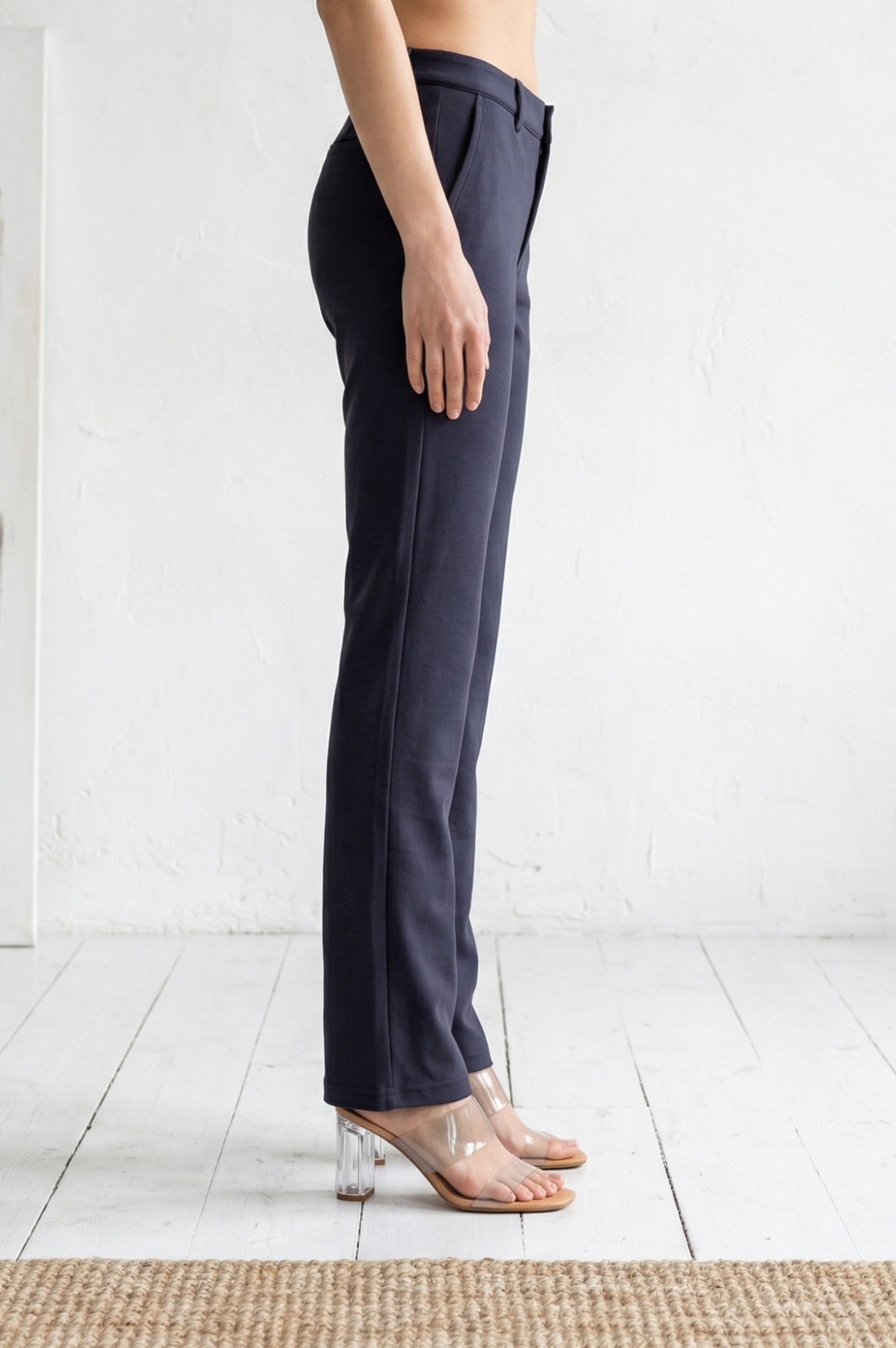 Navy Blue Solid Straight Fit Ankle Length Pants