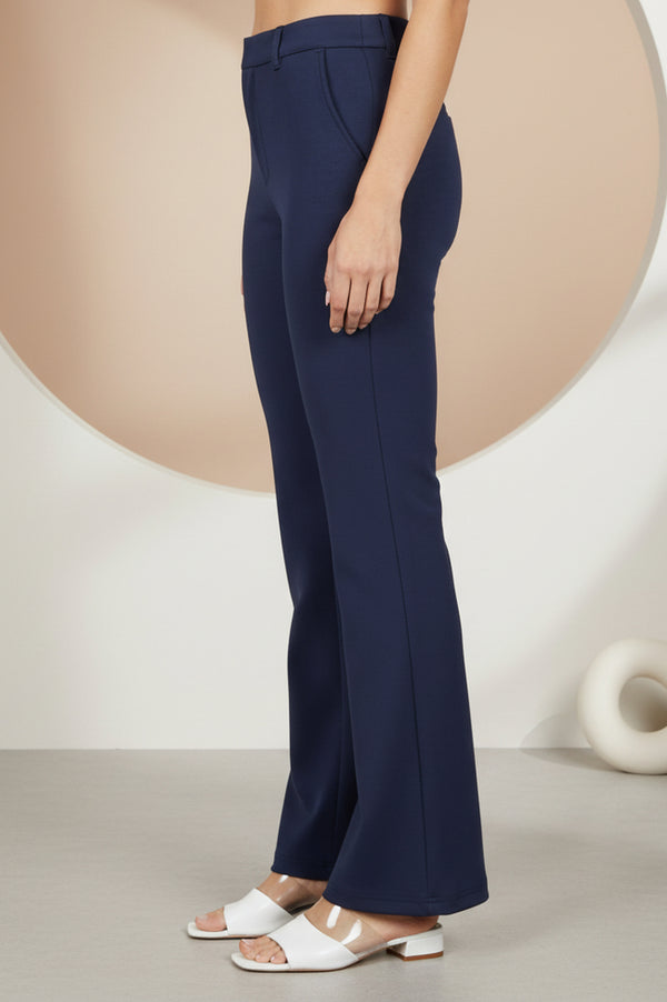 Elleven Women's Navy Blue Solid Ankle Length Mid Rise Pants