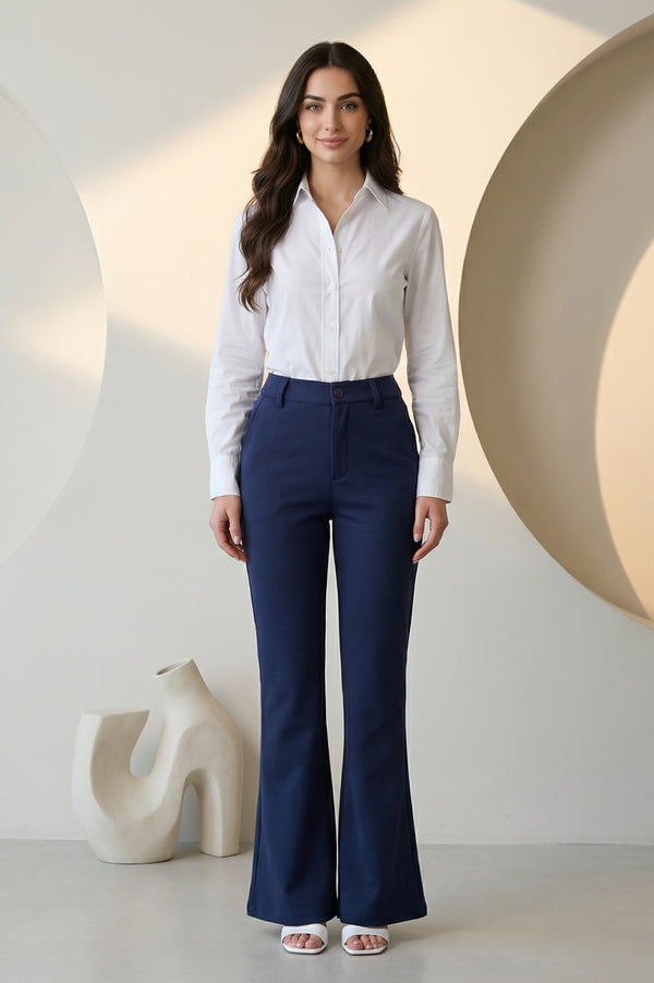 Elleven Women's Navy Blue Solid Ankle Length Mid Rise Pants