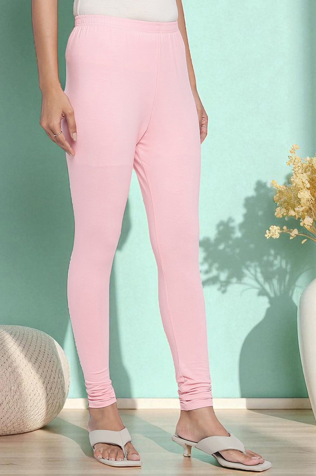 Light Pink Solid Cotton Blend Tights in Ankle Length