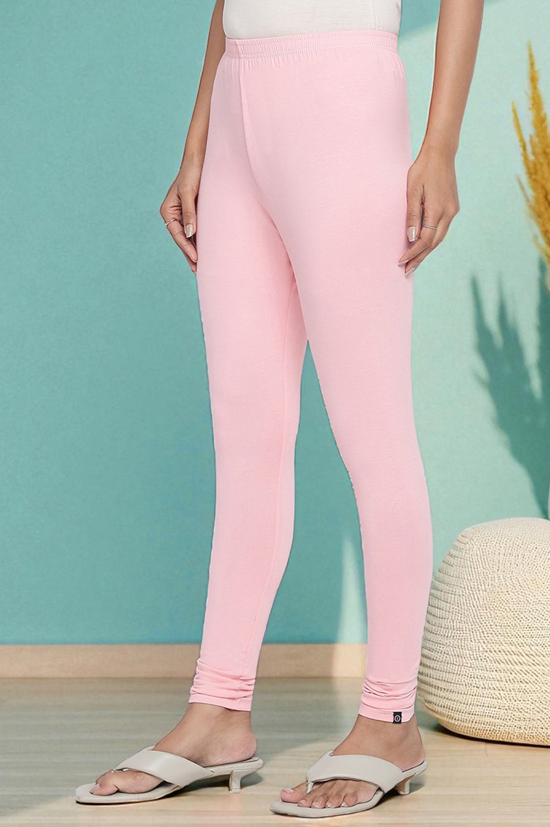 Light Pink Solid Cotton Blend Tights in Ankle Length
