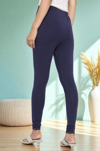 Navy Blue Solid Cotton Blend Tights in Ankle Length