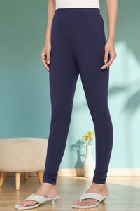 Navy Blue Solid Cotton Blend Tights in Ankle Length