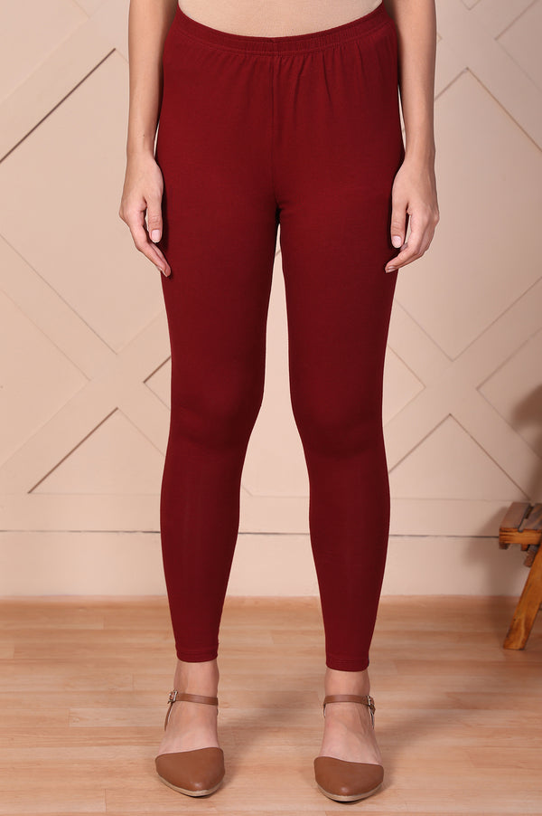 Elleven Women's Maroon Solid Ankle-Length Cotton Leggings
