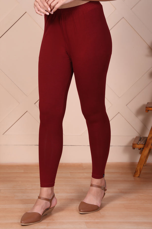 Elleven Women's Maroon Solid Ankle-Length Cotton Leggings