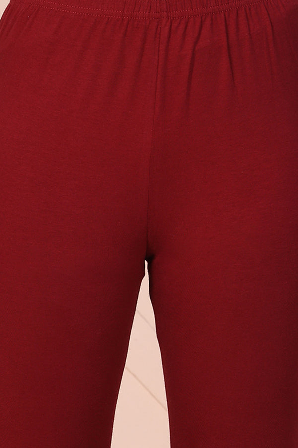 Elleven Women's Maroon Solid Ankle-Length Cotton Leggings