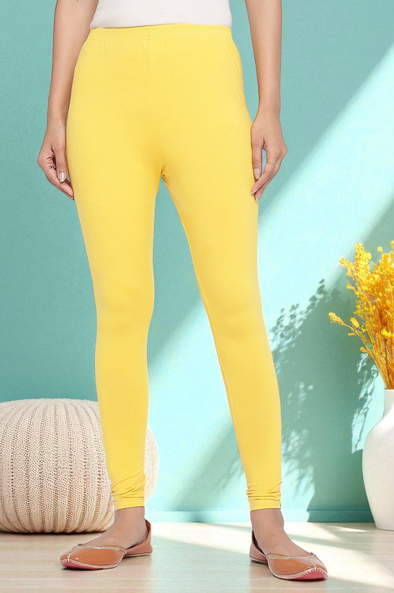 Yellow Solid Cotton Blend Tights in Ankle Length