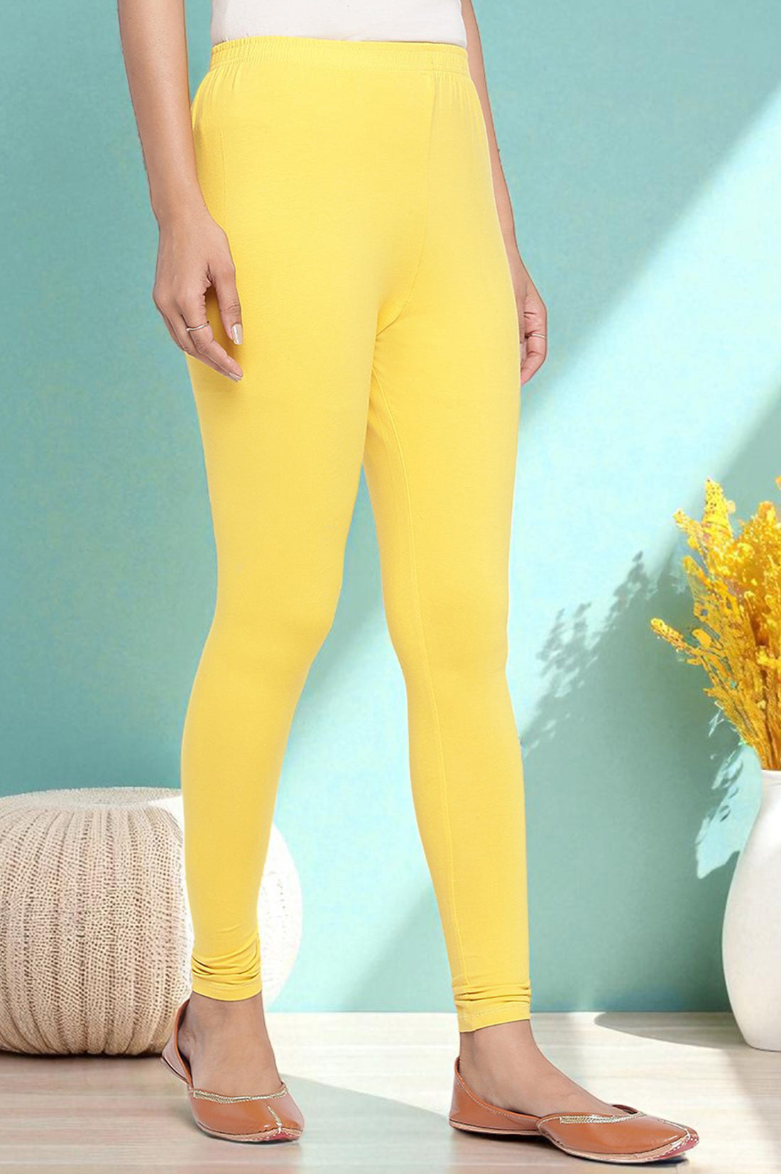 Yellow Solid Cotton Blend Tights in Ankle Length