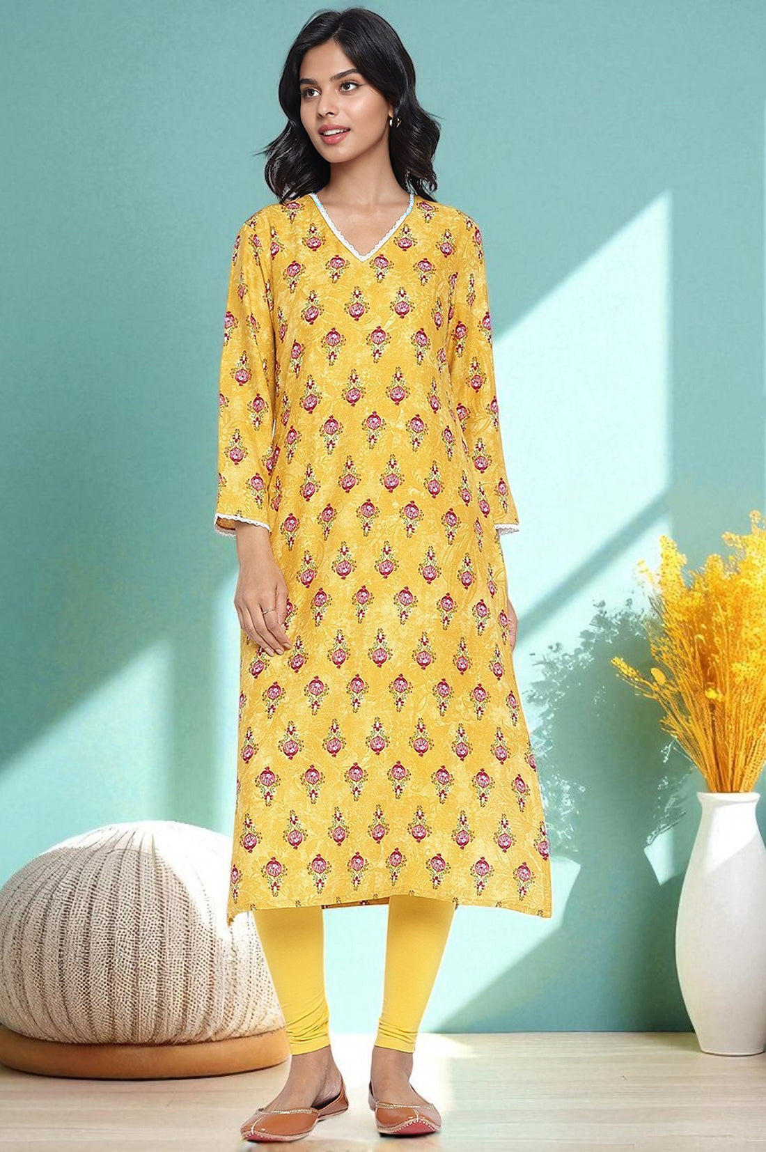 Yellow Solid Cotton Blend Tights in Ankle Length