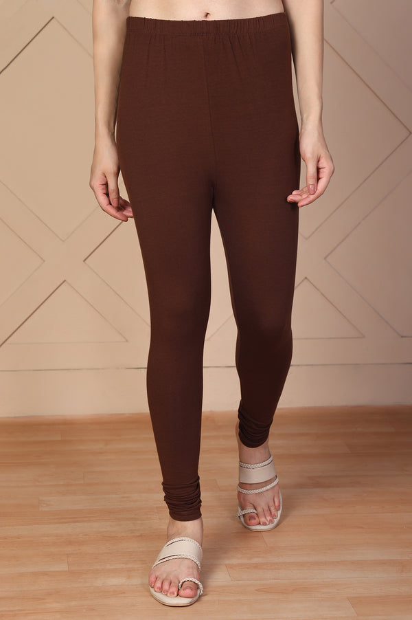 Elleven Women's Brown Solid Skinny Fit Cotton Tight