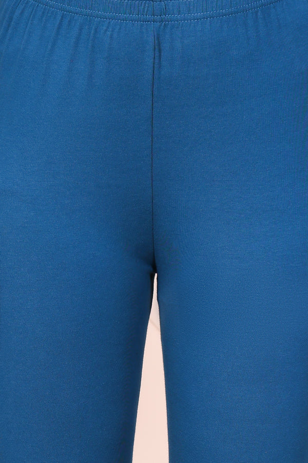 Elleven Women's Blue Solid Ankle-Length Cotton Leggings