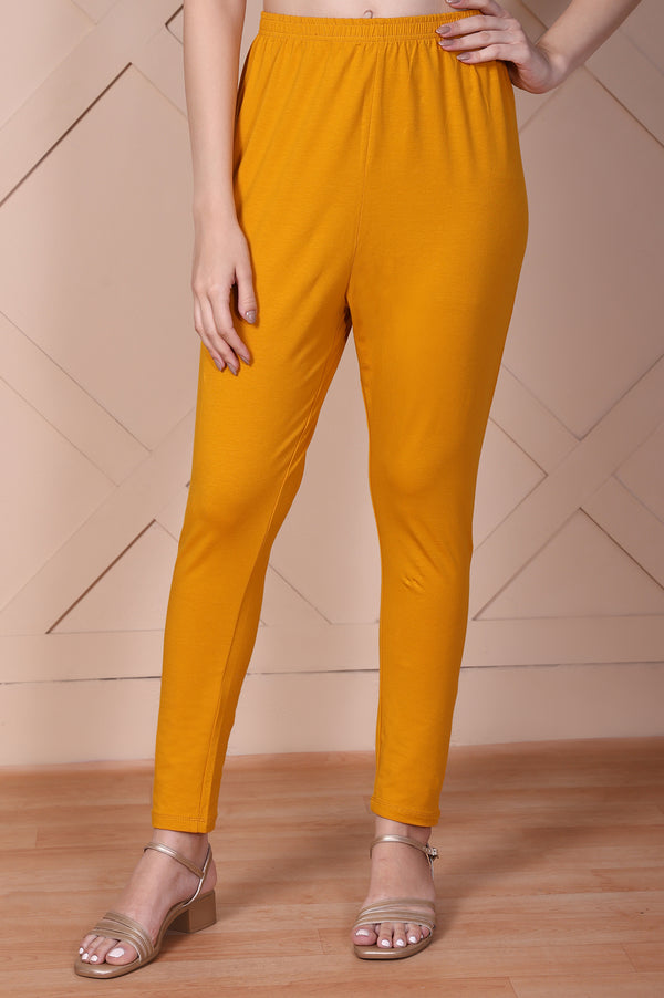 Elleven Women's Mustard Solid High-Waisted Cotton Tights